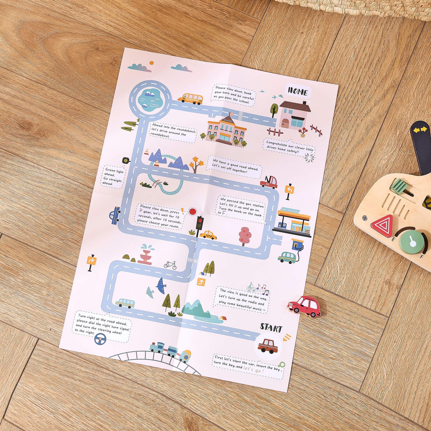 Scheda attività del mini volante in legno per bambini, giochi in legno, istruzioni e percorsi per l’apprendimento.
