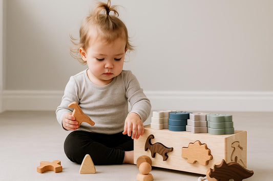 Bambino gioca con uno dei giochi in legno con le forme a dinosauro