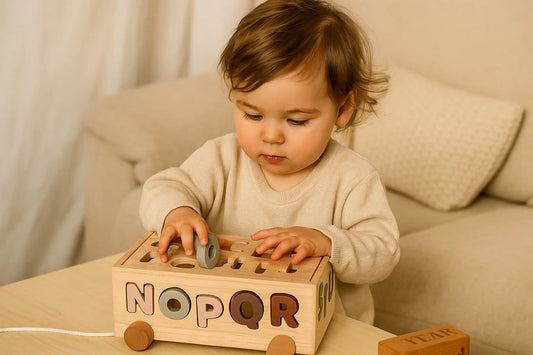Bambino gioco con uno dei giochi in legno con le letter