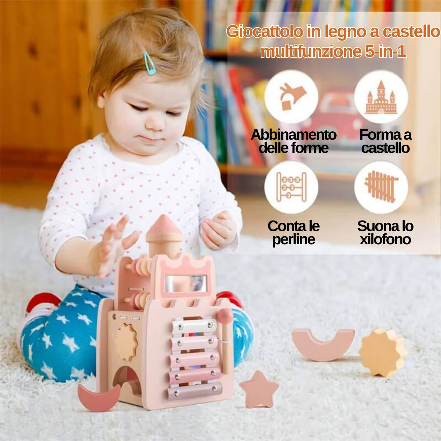 Bambina che gioca con castello multigioco in legno: incastri, abaco e xilofono per motricità e colori, tipici dei giochi in legno.