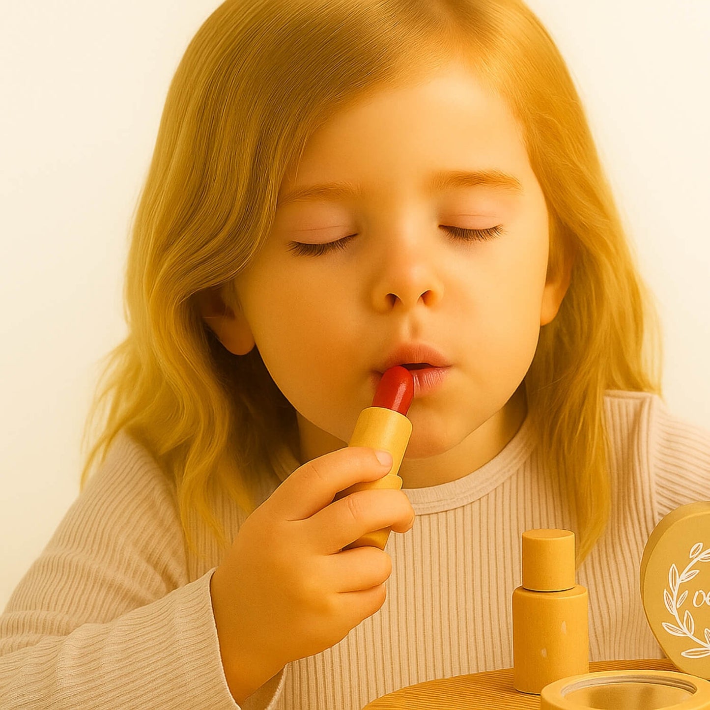 Bambina che utilizza un rossetto del set trucco in legno, parte dei giochi in legno per bambini dai 3 anni.