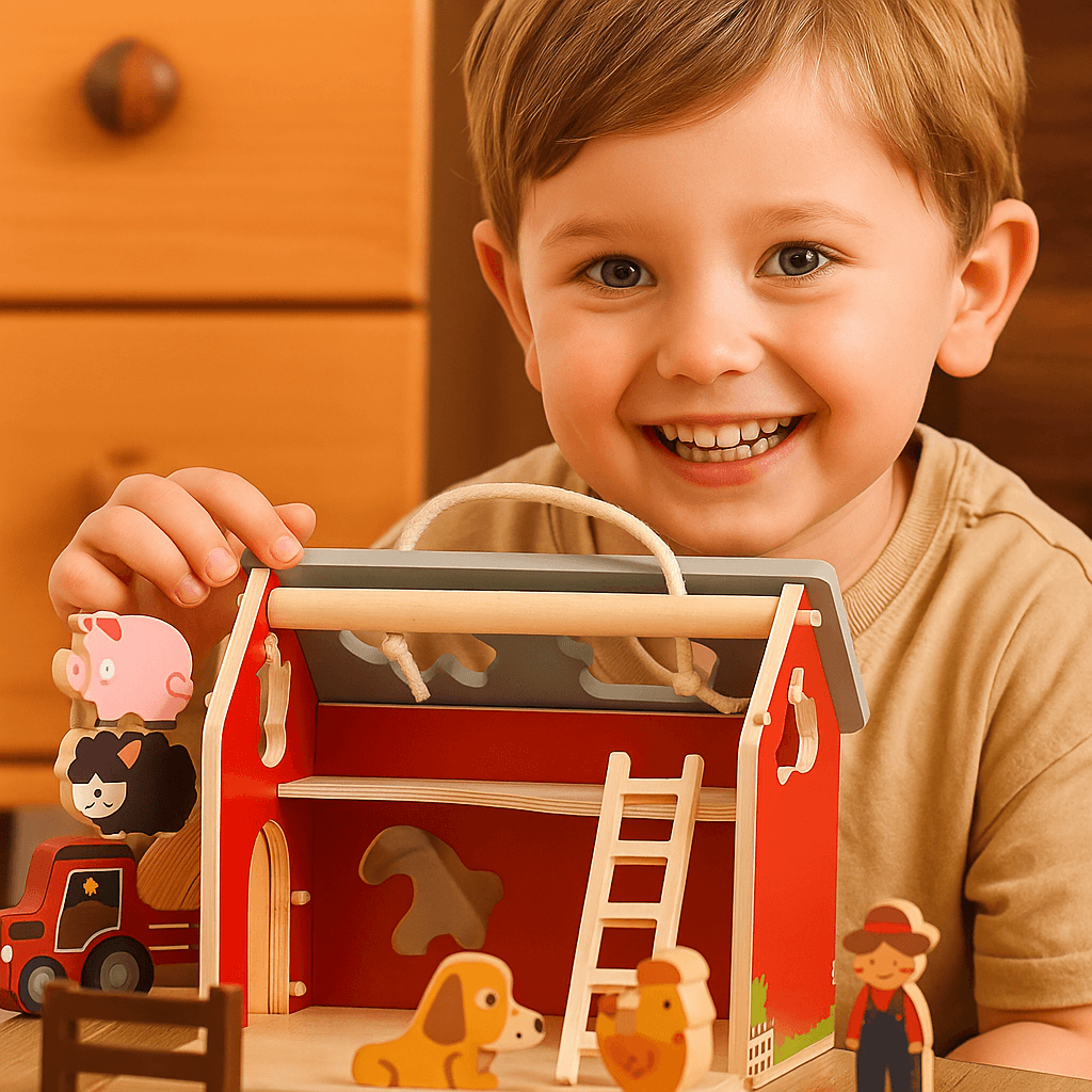 Bambino che gioca con la fattoria in legno e animali, un esempio di giochi in legno educativi.