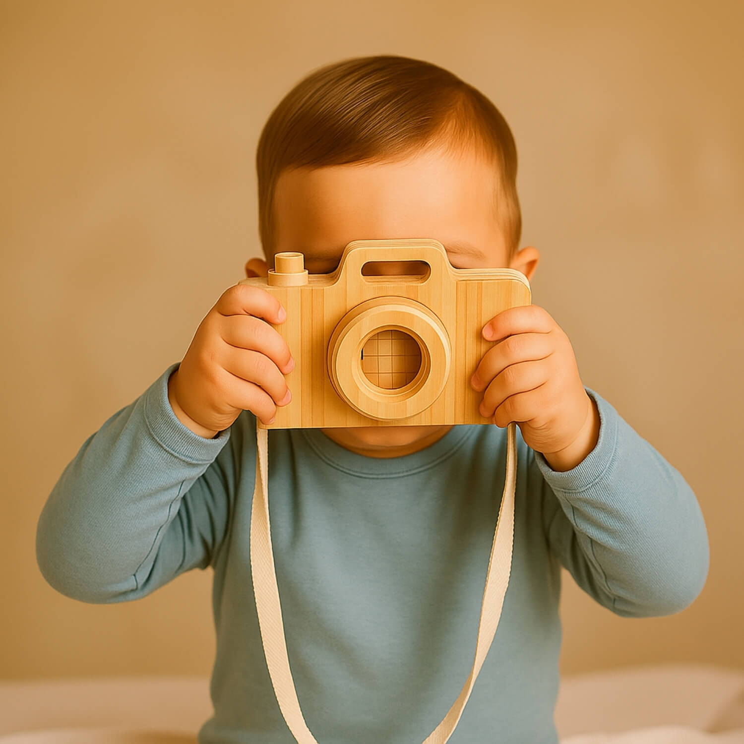 Bambino che usa una macchina fotografica in legno, giochi in legno adatti dai 2 anni.
