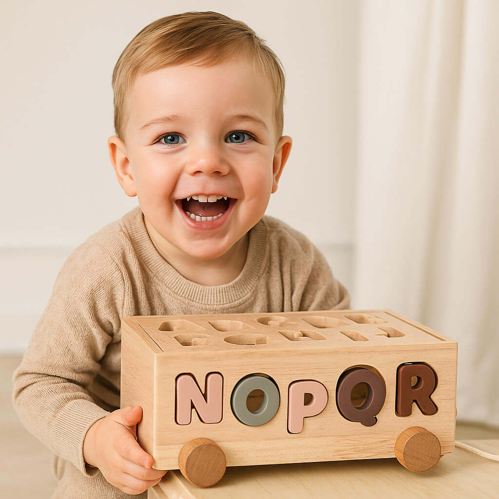 Bambino gioca con macchinina dell’alfabeto nei giochi in legno, apprendimento delle lettere divertente e sicuro.